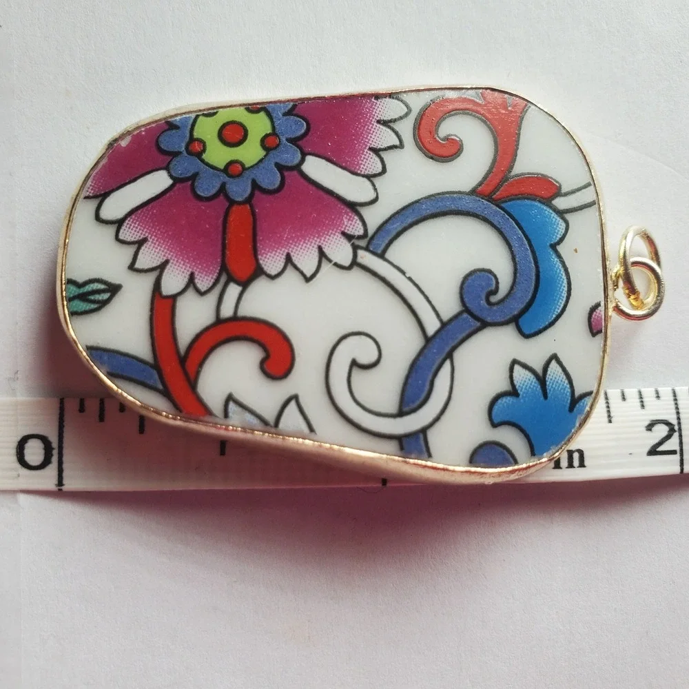 Floral Flourish‎ Chinoiserie Pendant Pink Blue Porcelain Pottery Shard Jewelry